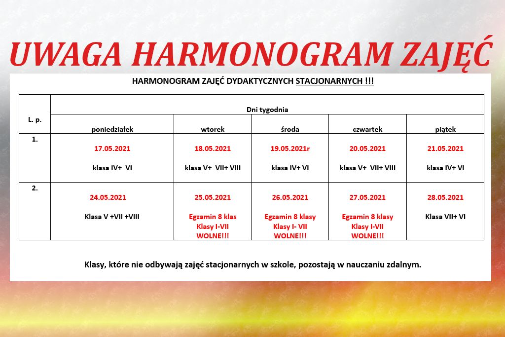 Harmonogram zajęć od 17 maja 2021r